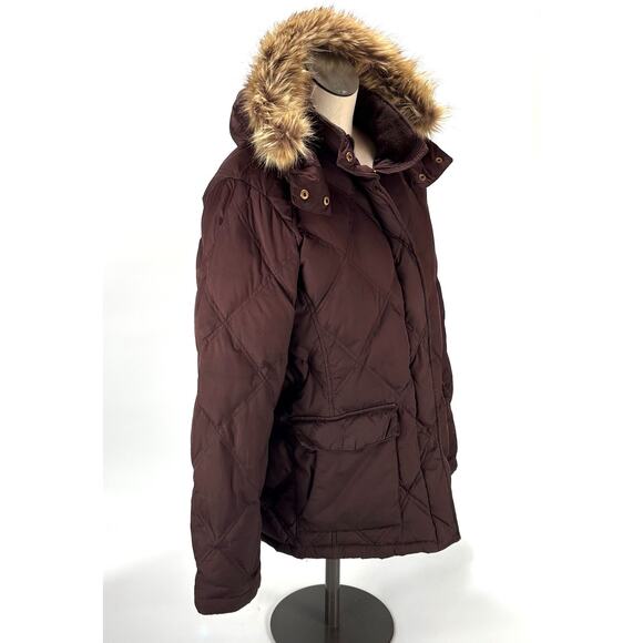Lands End Down Jacket Womens Large 14-16 Brown Down Filled Zip Up Coat Fur Hood - Picture 3 of 14